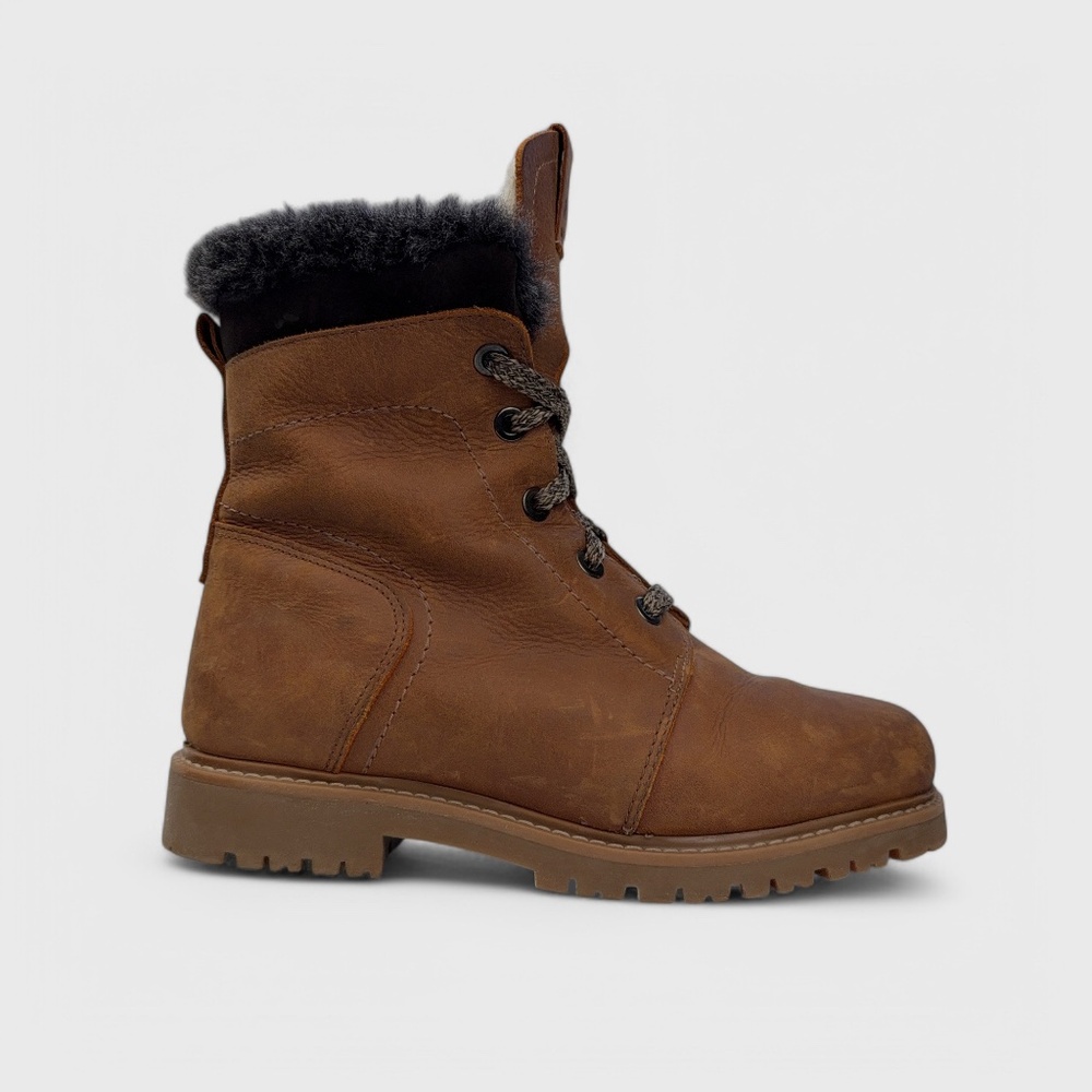 Anfibio Brown Leather Winter Boots Size 7.5 Faux Fur Lined Lace-Up Outdoor